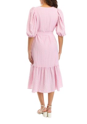 Women's 3/4 Sleeve V-Neck Gingham Print Tie Waist Midi Dress