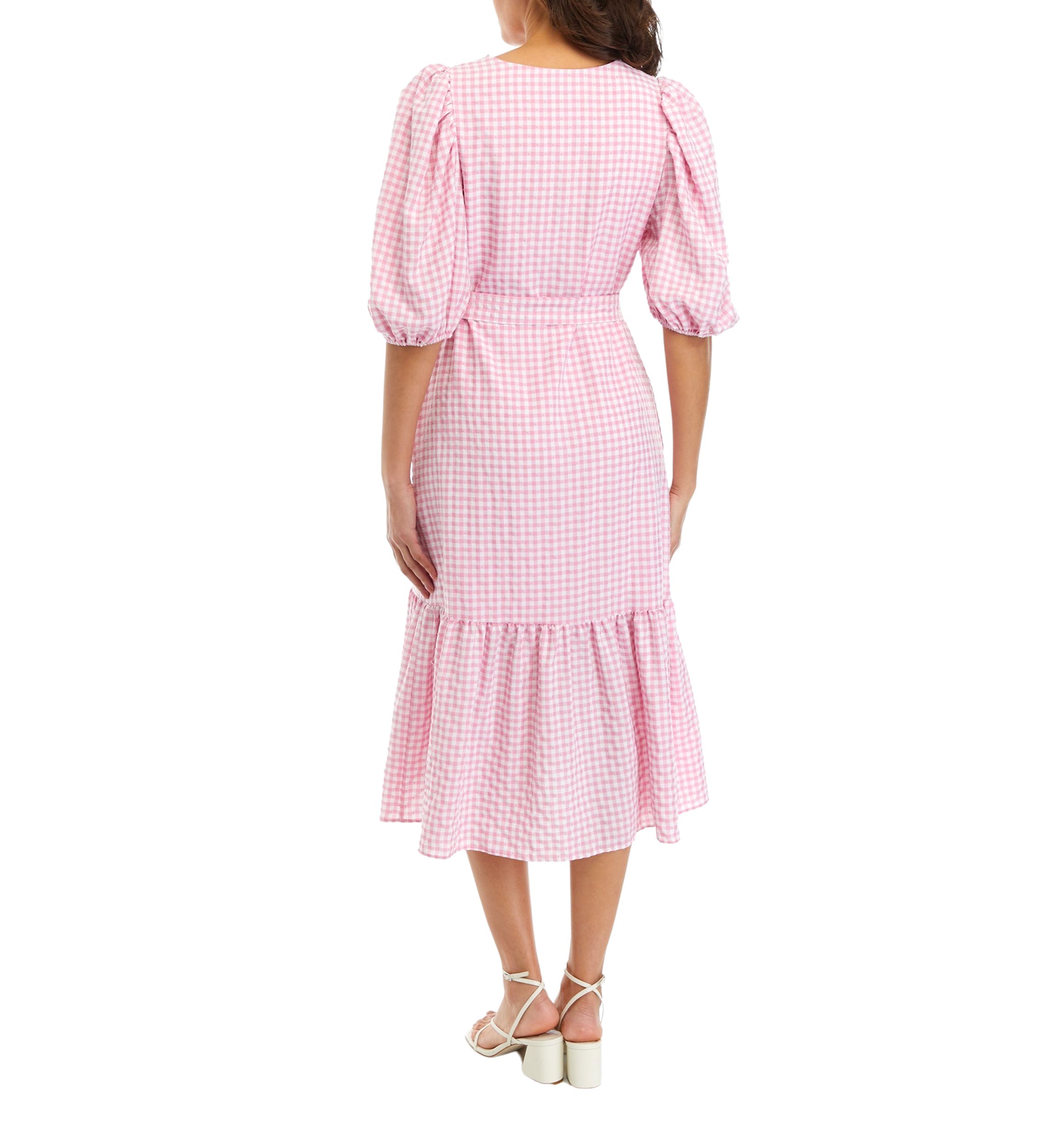 Womens 3/4 Sleeve V-Neck Gingham Print Tie Waist Midi Dress