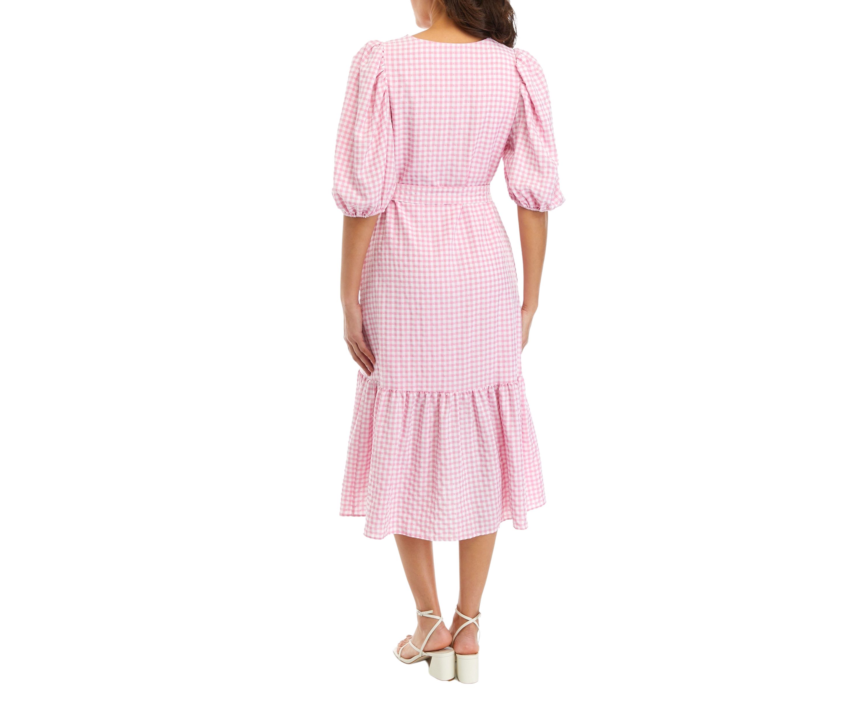 Womens 3/4 Sleeve V-Neck Gingham Print Tie Waist Midi Dress