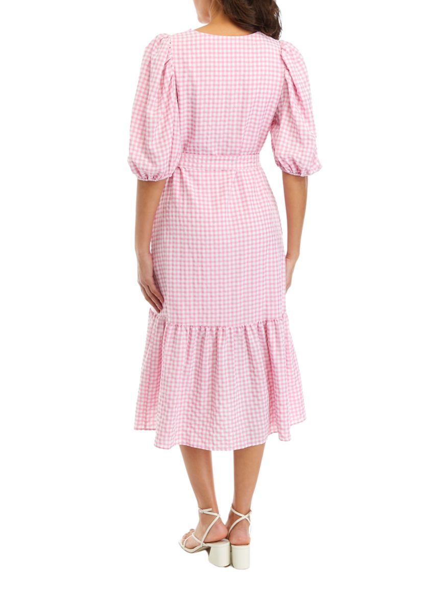 Womens 3/4 Sleeve V-Neck Gingham Print Tie Waist Midi Dress