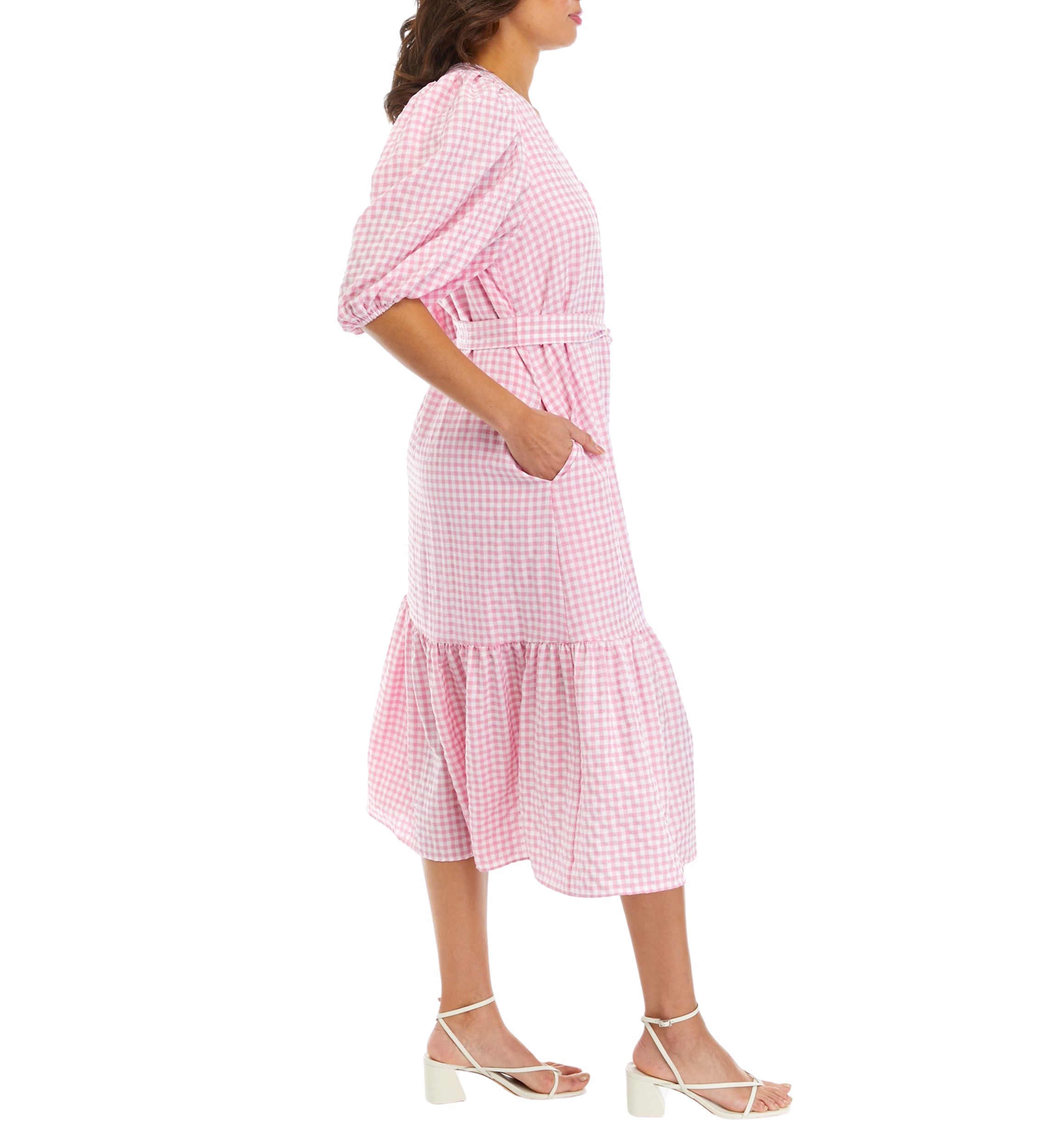 Womens 3/4 Sleeve V-Neck Gingham Print Tie Waist Midi Dress