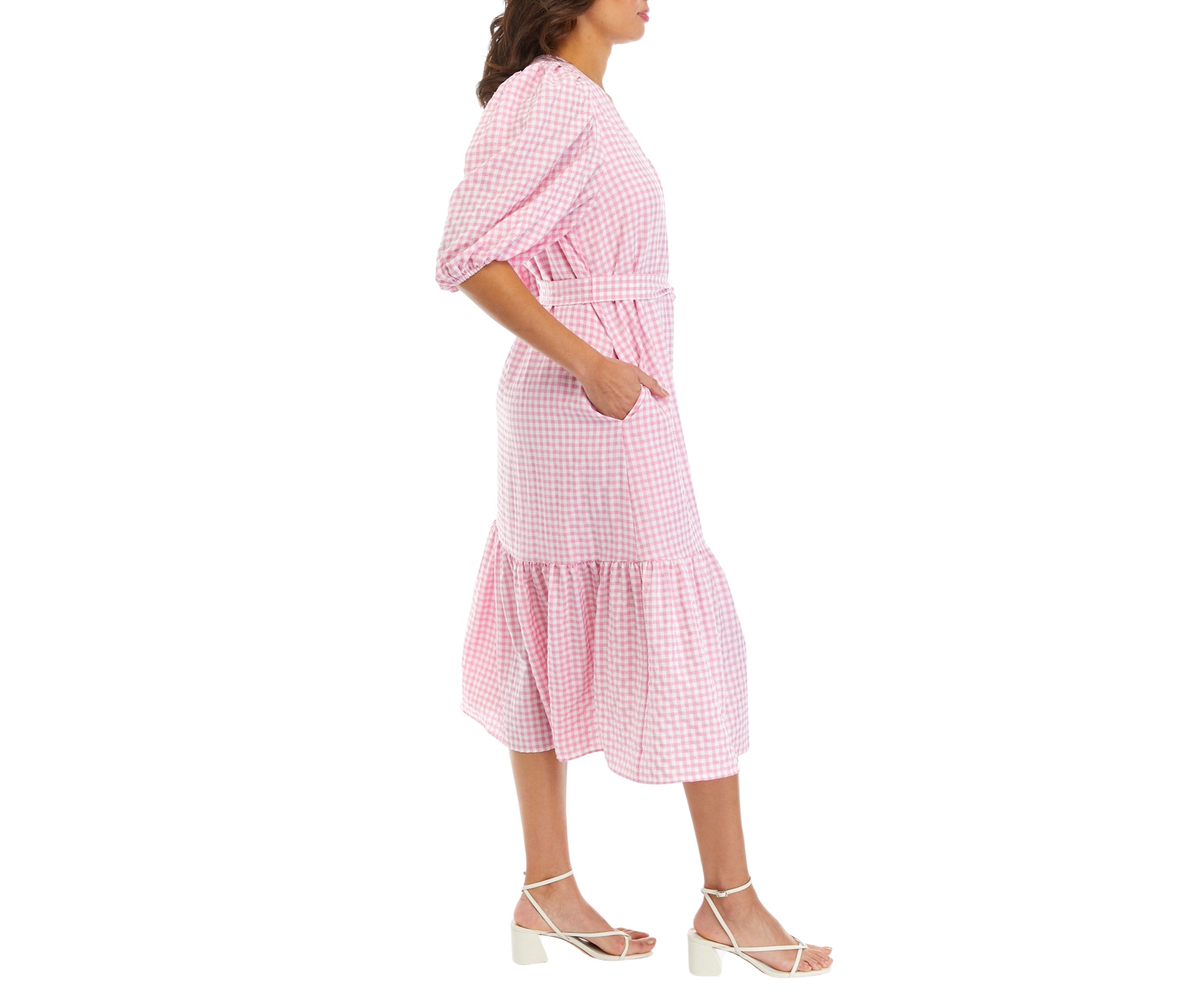 Womens 3/4 Sleeve V-Neck Gingham Print Tie Waist Midi Dress