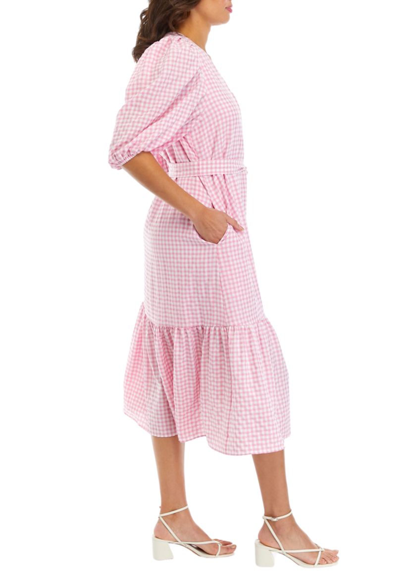 Womens 3/4 Sleeve V-Neck Gingham Print Tie Waist Midi Dress