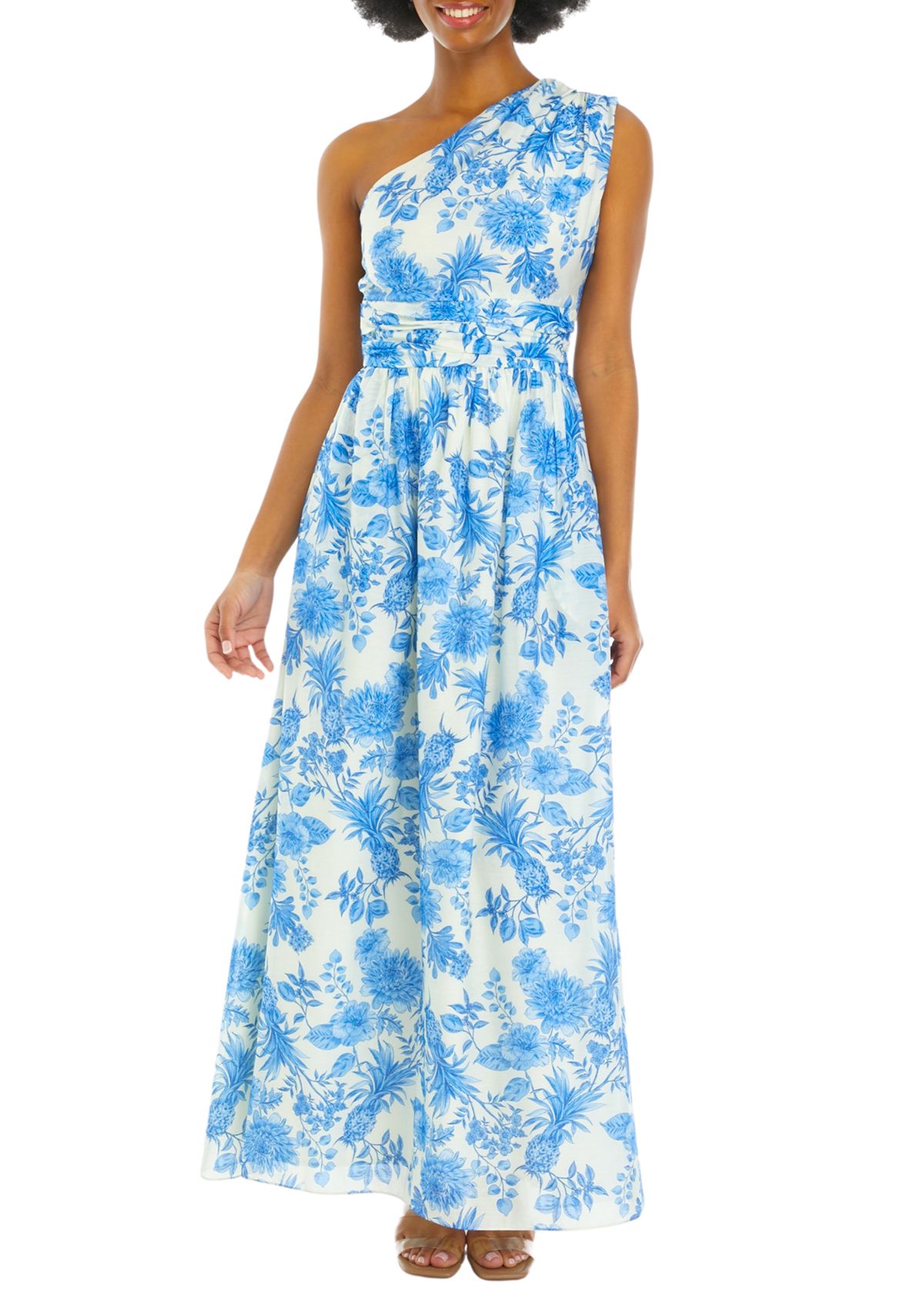 Womens Sleeveless One Shoulder Floral Print Midi Dress