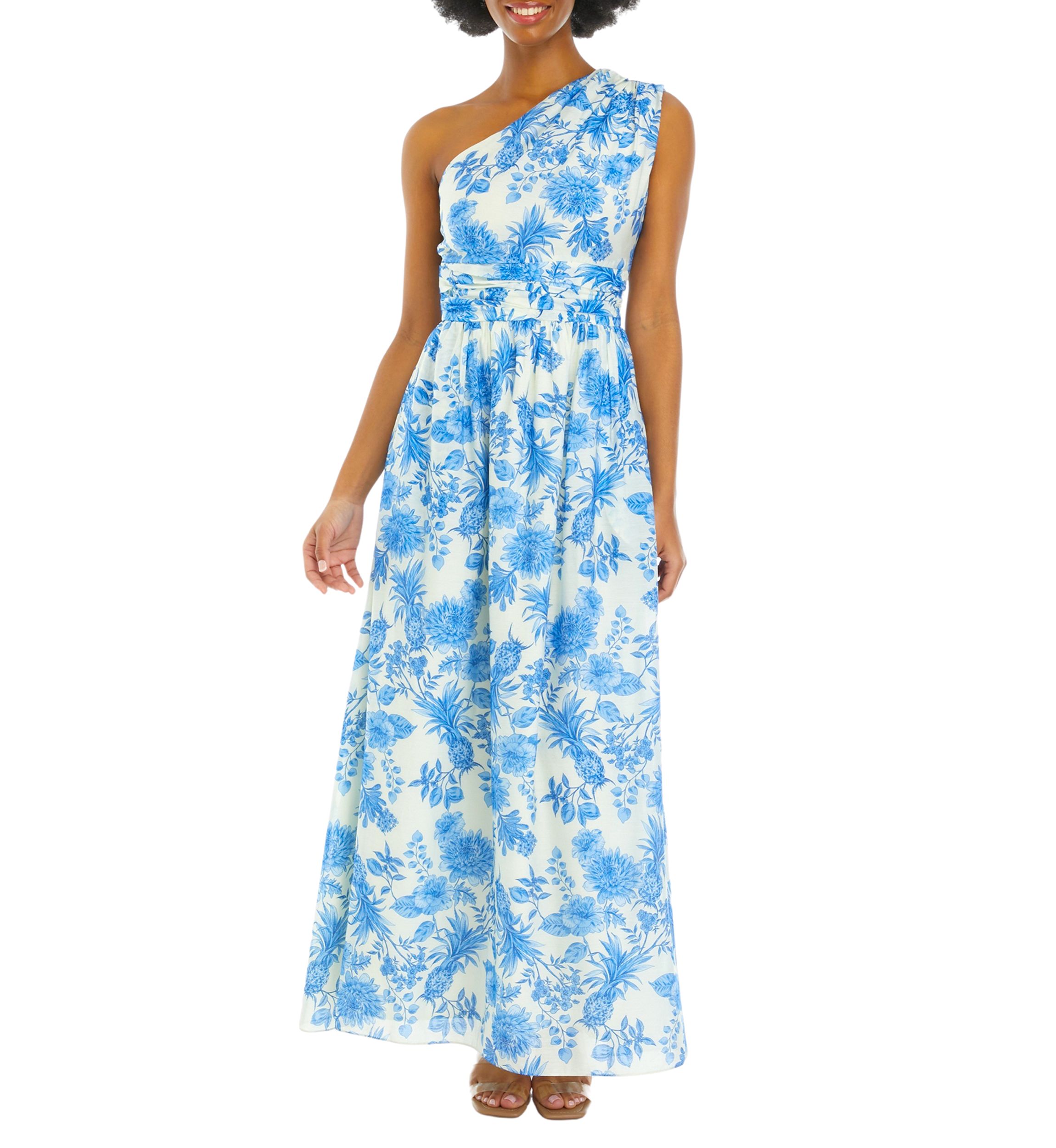 Womens Sleeveless One Shoulder Floral Print Midi Dress