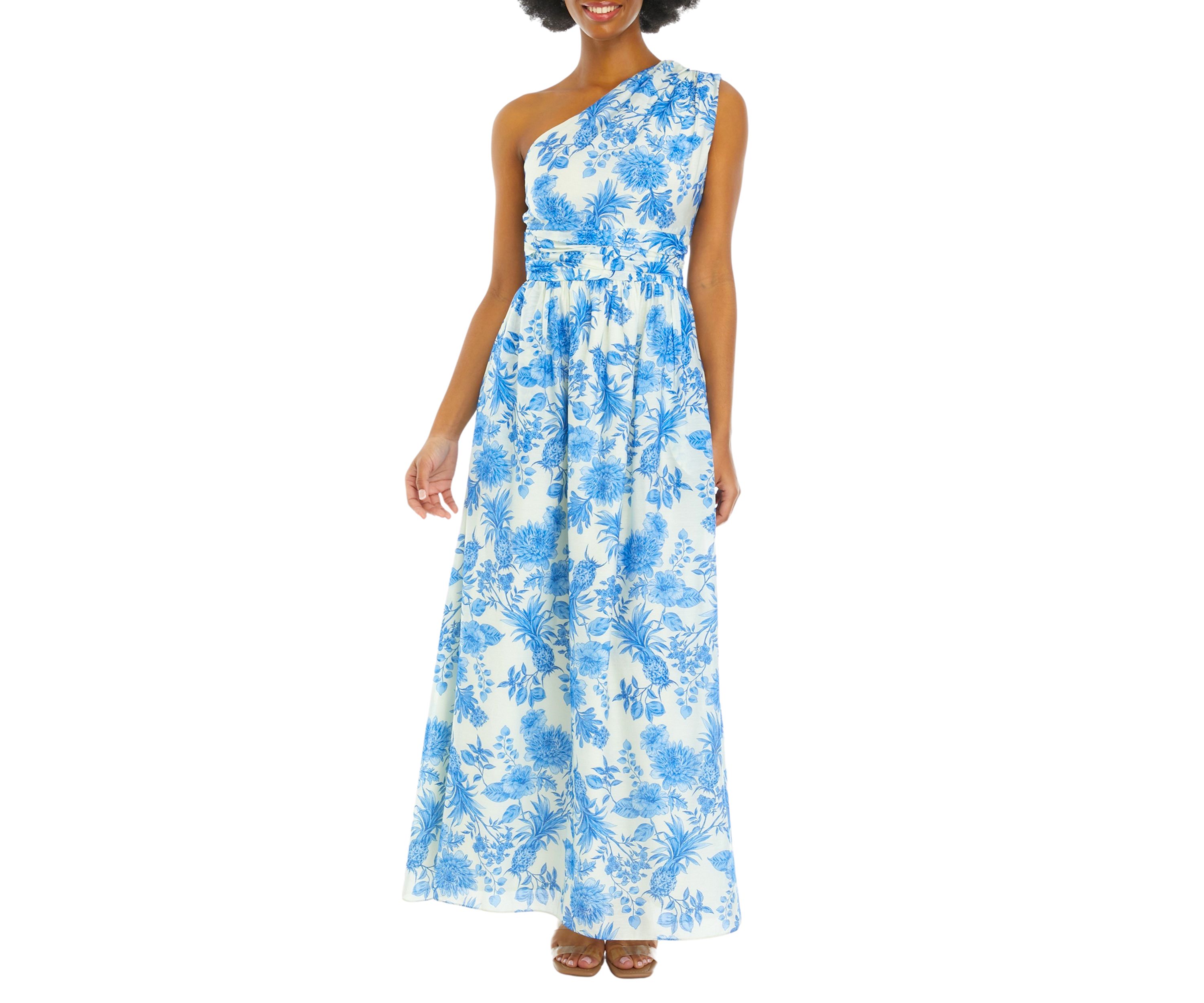 Womens Sleeveless One Shoulder Floral Print Midi Dress