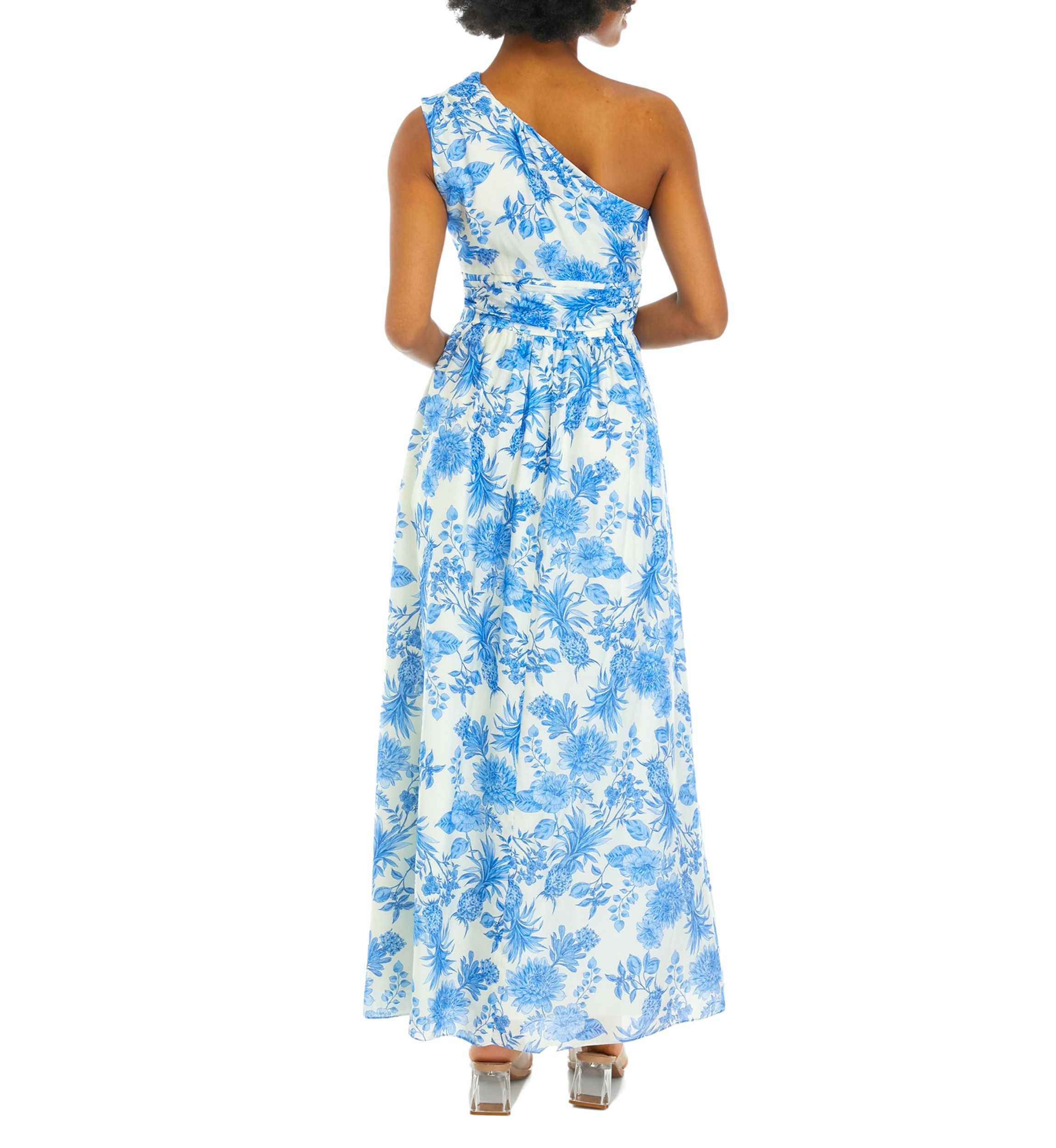 Womens Sleeveless One Shoulder Floral Print Midi Dress