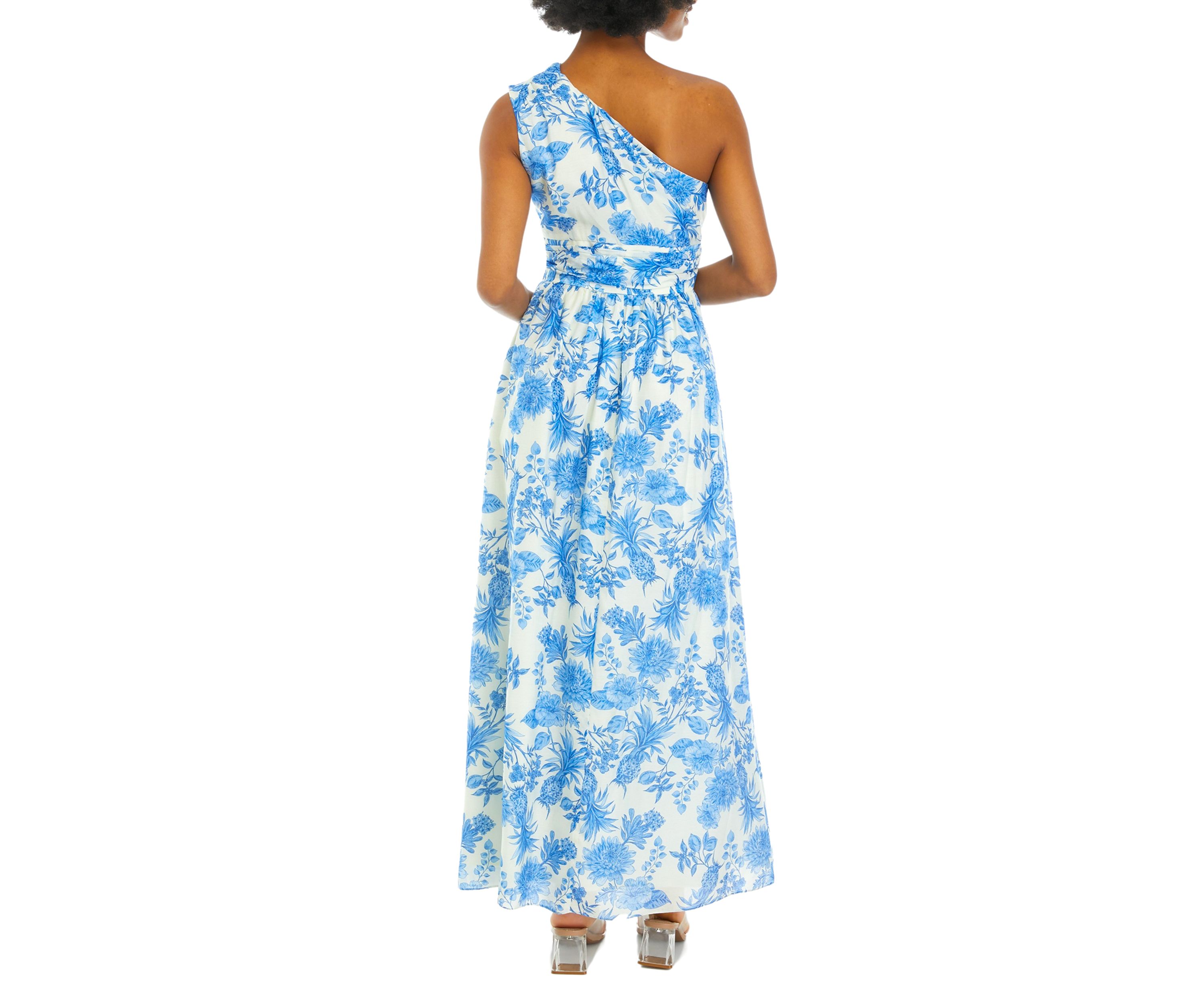Womens Sleeveless One Shoulder Floral Print Midi Dress