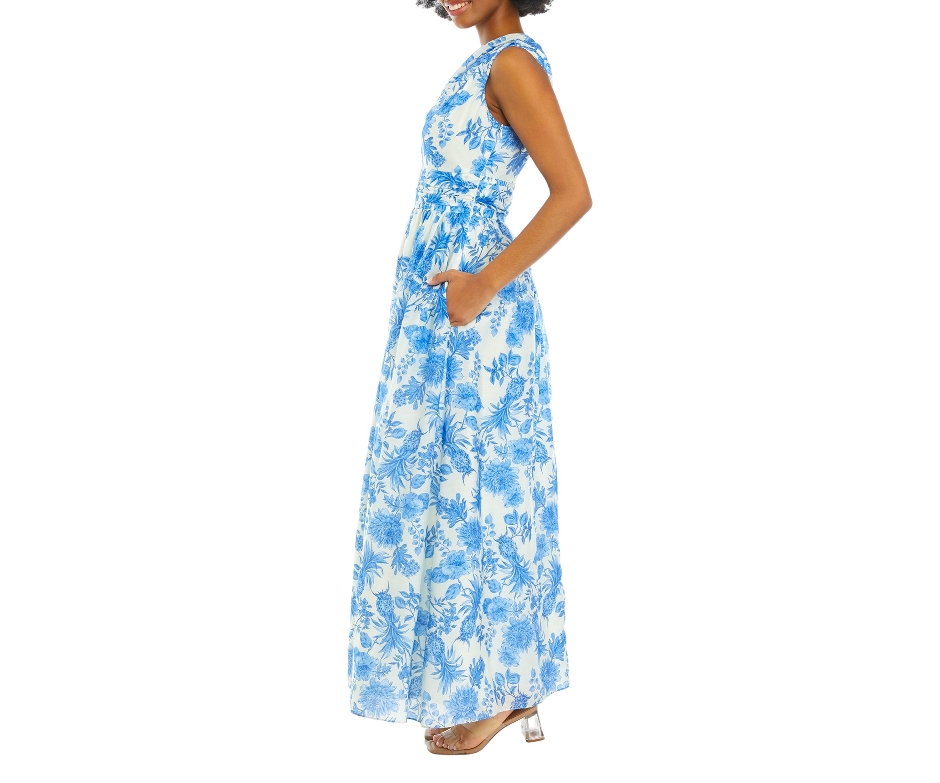 Womens Sleeveless One Shoulder Floral Print Midi Dress