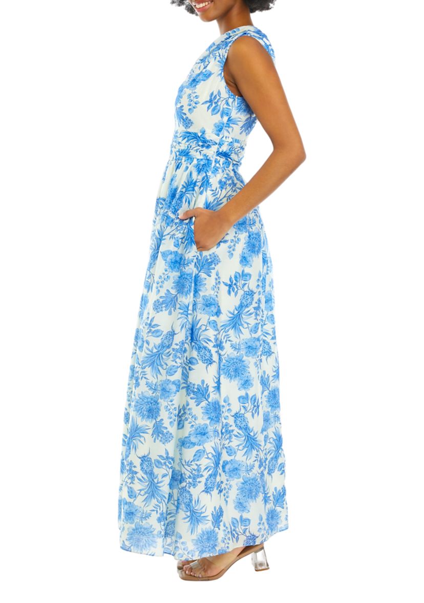 Womens Sleeveless One Shoulder Floral Print Midi Dress