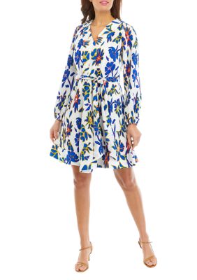 Taylor Women's Long Sleeve V-Neck Floral Print Tie Waist Fit and Flare Dress