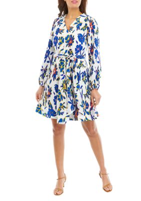 Women's Long Sleeve V-Neck Floral Print Tie Waist Fit and Flare Dress