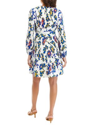 Women's Long Sleeve V-Neck Floral Print Tie Waist Fit and Flare Dress
