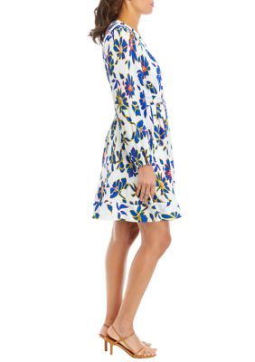 Women's Long Sleeve V-Neck Floral Print Tie Waist Fit and Flare Dress