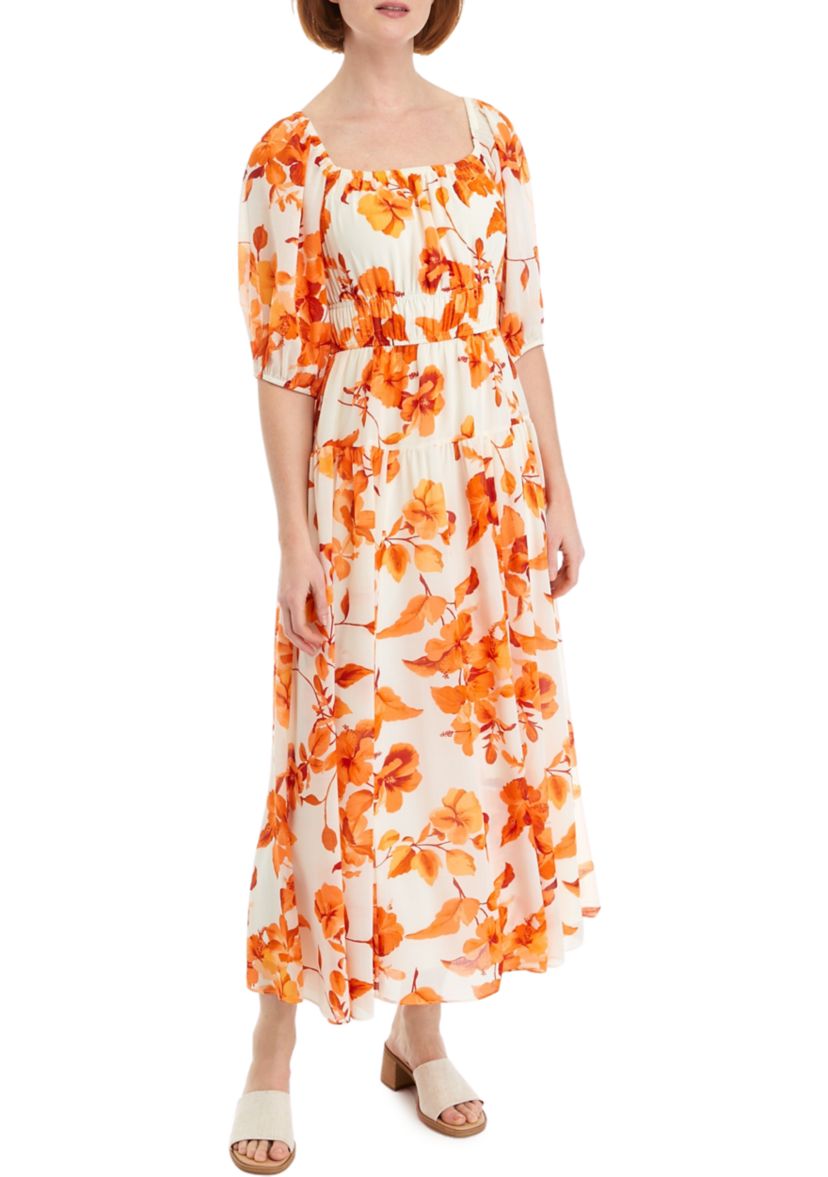 Womens 3/4 Sleeve Square Neck Print Midi Dress