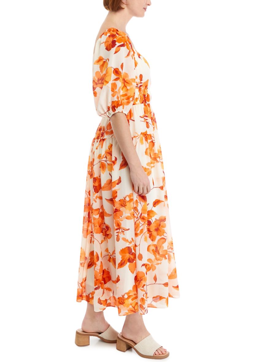 Womens 3/4 Sleeve Square Neck Print Midi Dress