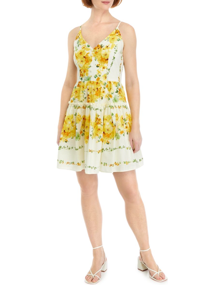 Womens Sleeveless V-Neck Floral Print Mini Dress