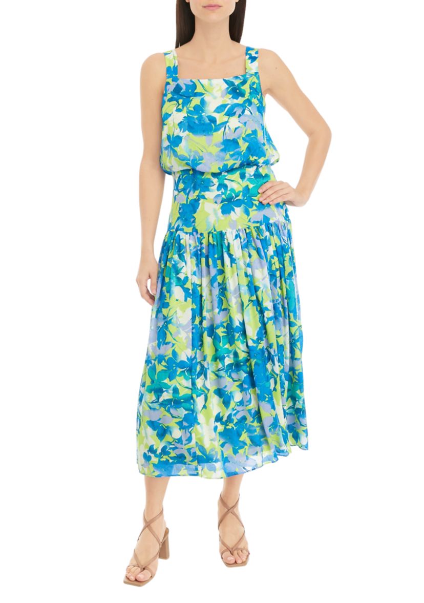 Womens Sleeveless Square Neck Floral Print Dress