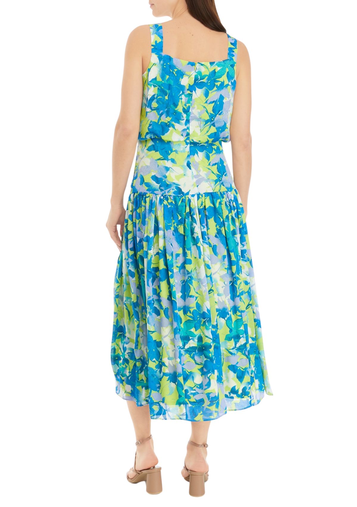 Womens Sleeveless Square Neck Floral Print Dress