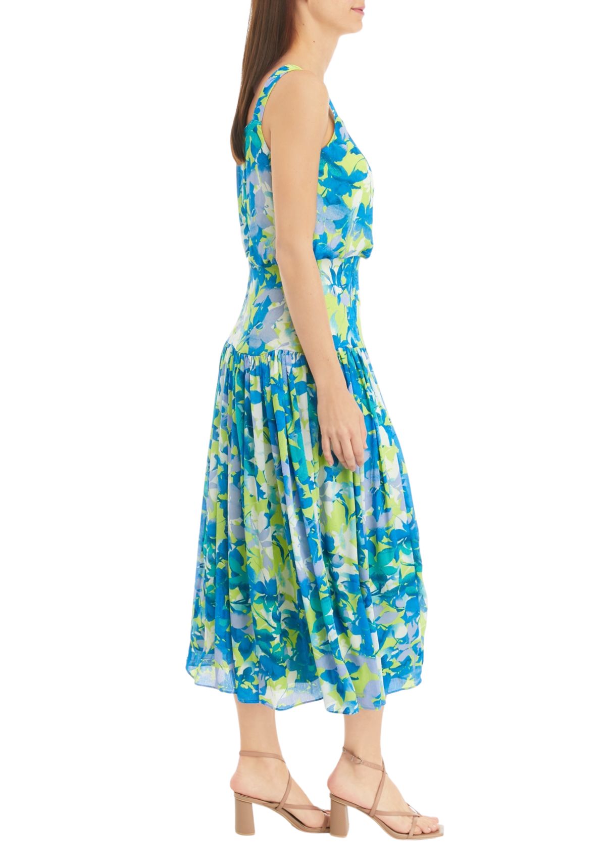 Womens Sleeveless Square Neck Floral Print Dress