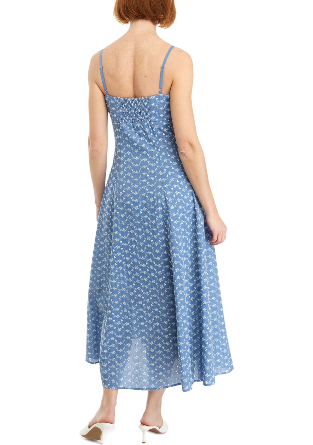 Womens Sleeveless Square Neck Eyelet Midi Dress