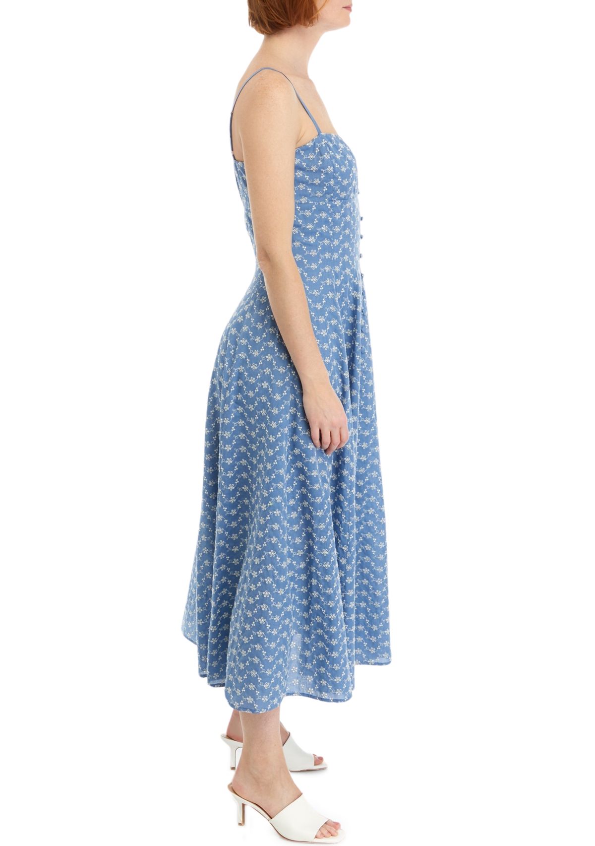 Womens Sleeveless Square Neck Eyelet Midi Dress