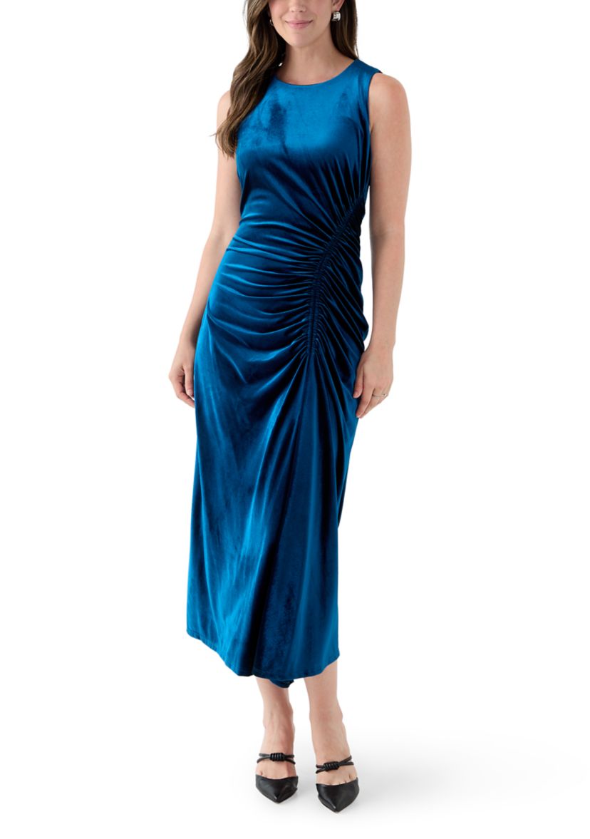Womens Sleeveless Ruched Velvet Sheath Dress