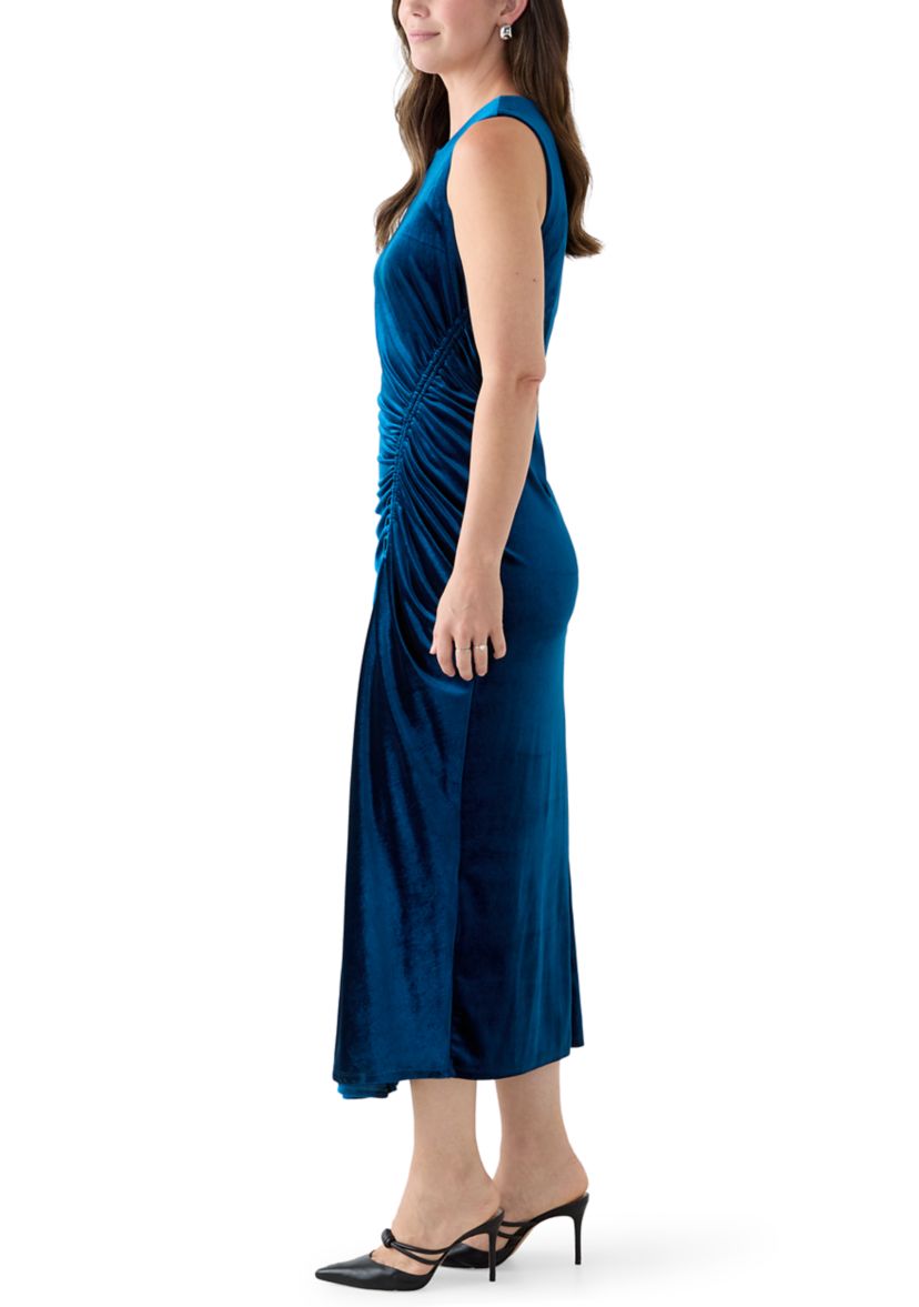 Womens Sleeveless Ruched Velvet Sheath Dress