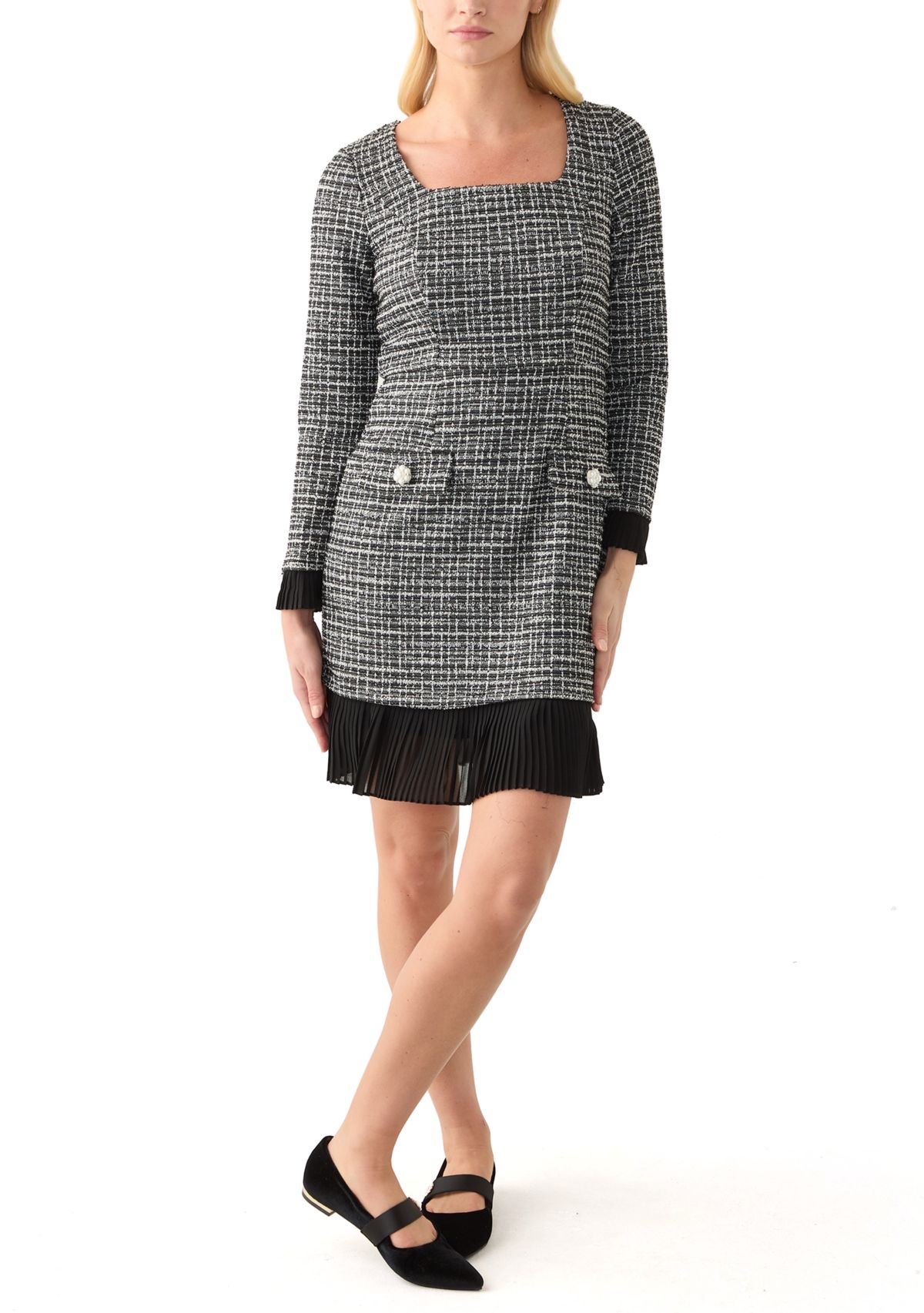 Womens Long Sleeve Square Neck Printed Sheath Dress