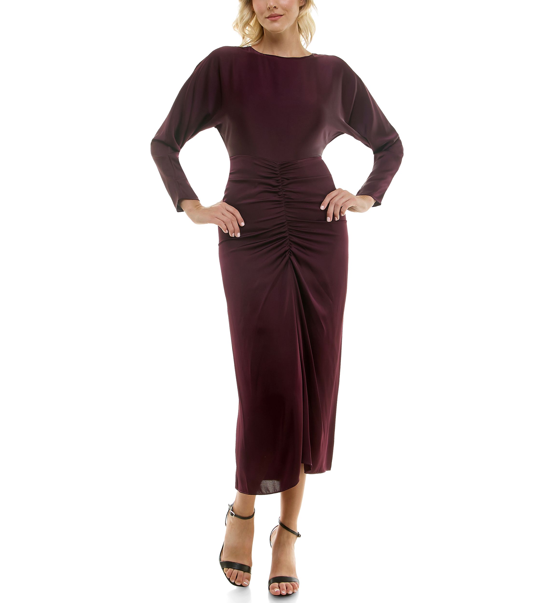 Womens Long Sleeve Crew Neck Solid Ruche Satin Midi Dress