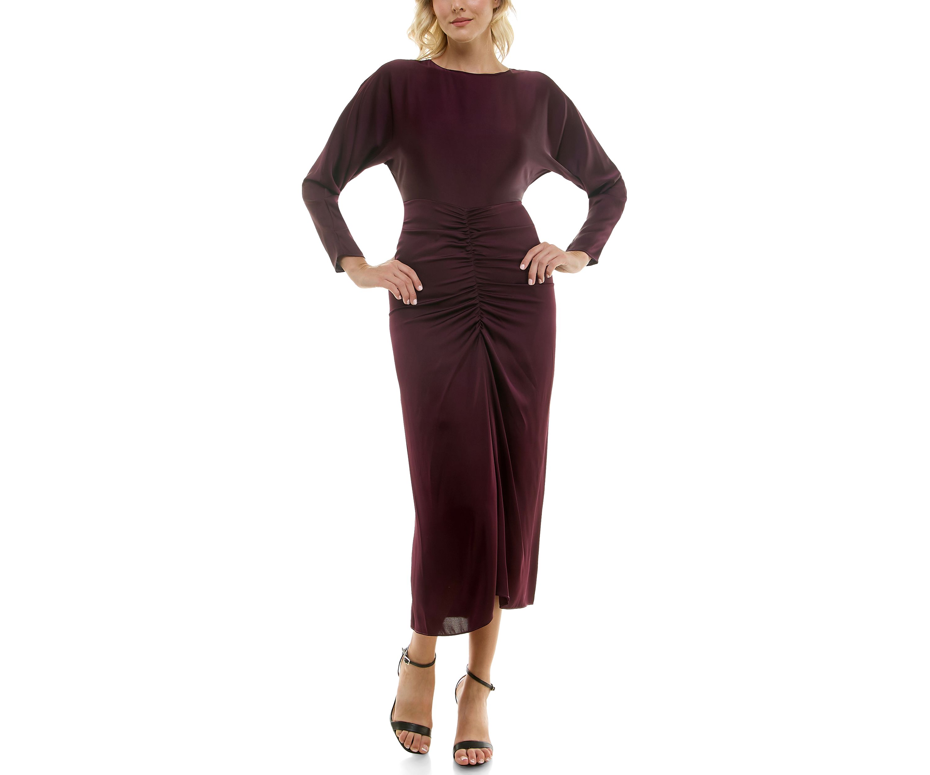 Womens Long Sleeve Crew Neck Solid Ruche Satin Midi Dress
