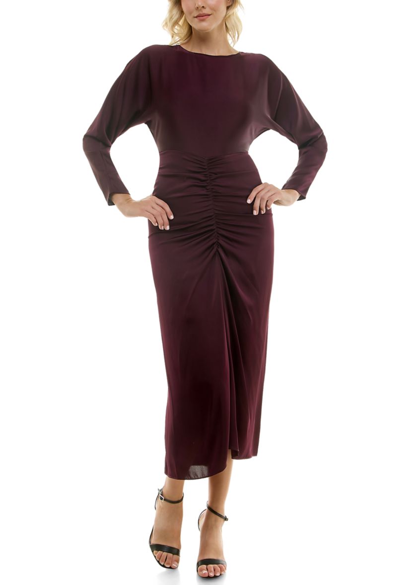 Womens Long Sleeve Crew Neck Solid Ruche Satin Midi Dress