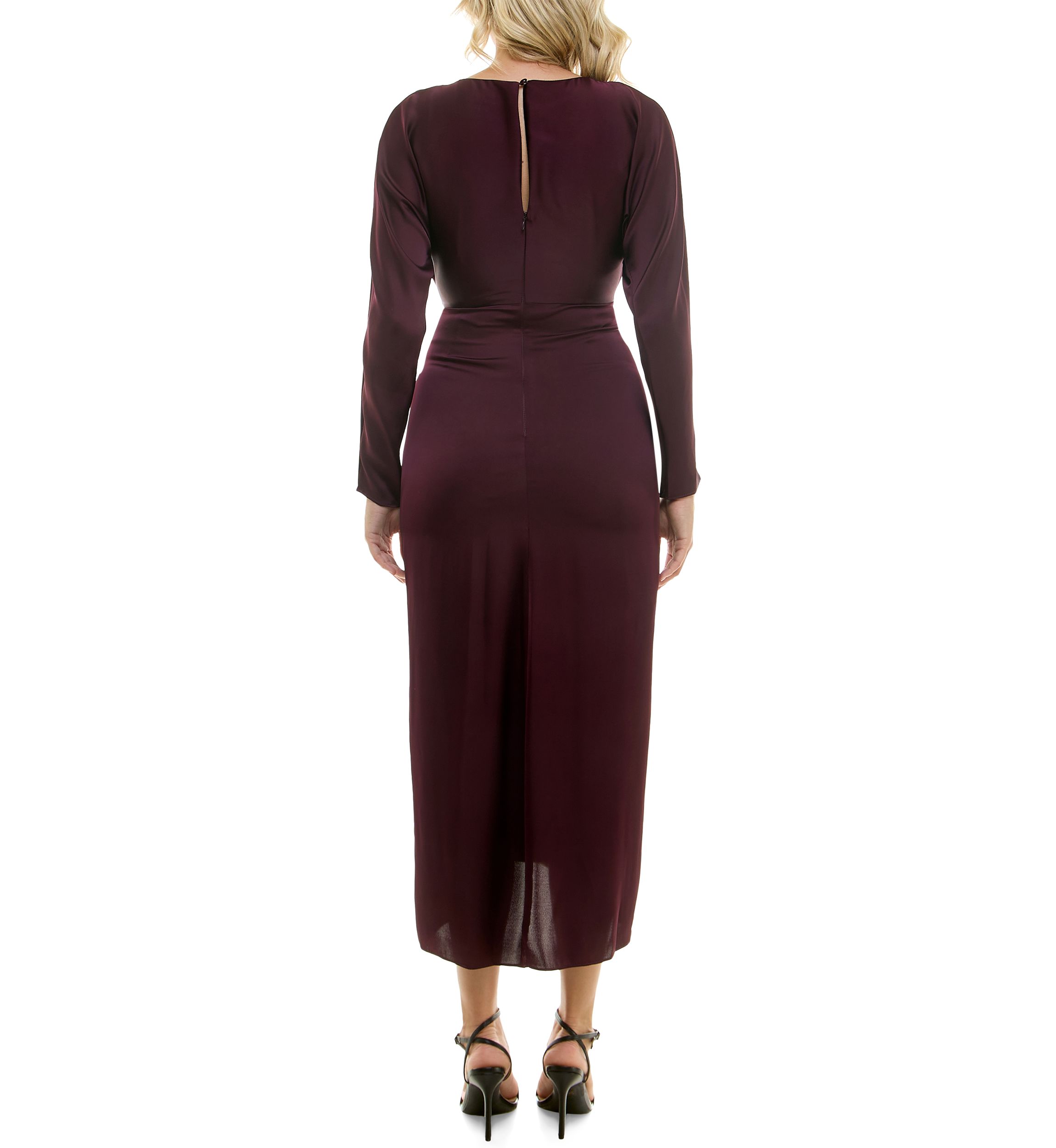 Womens Long Sleeve Crew Neck Solid Ruche Satin Midi Dress