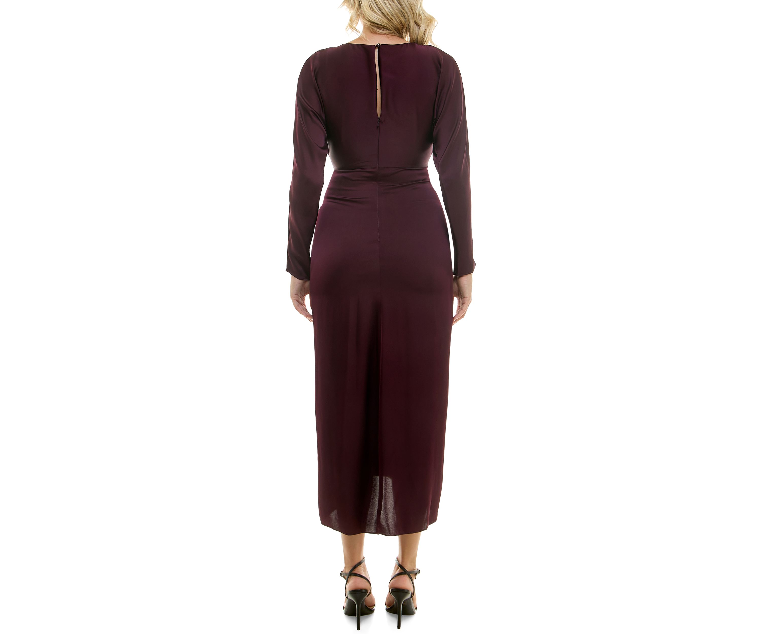 Womens Long Sleeve Crew Neck Solid Ruche Satin Midi Dress