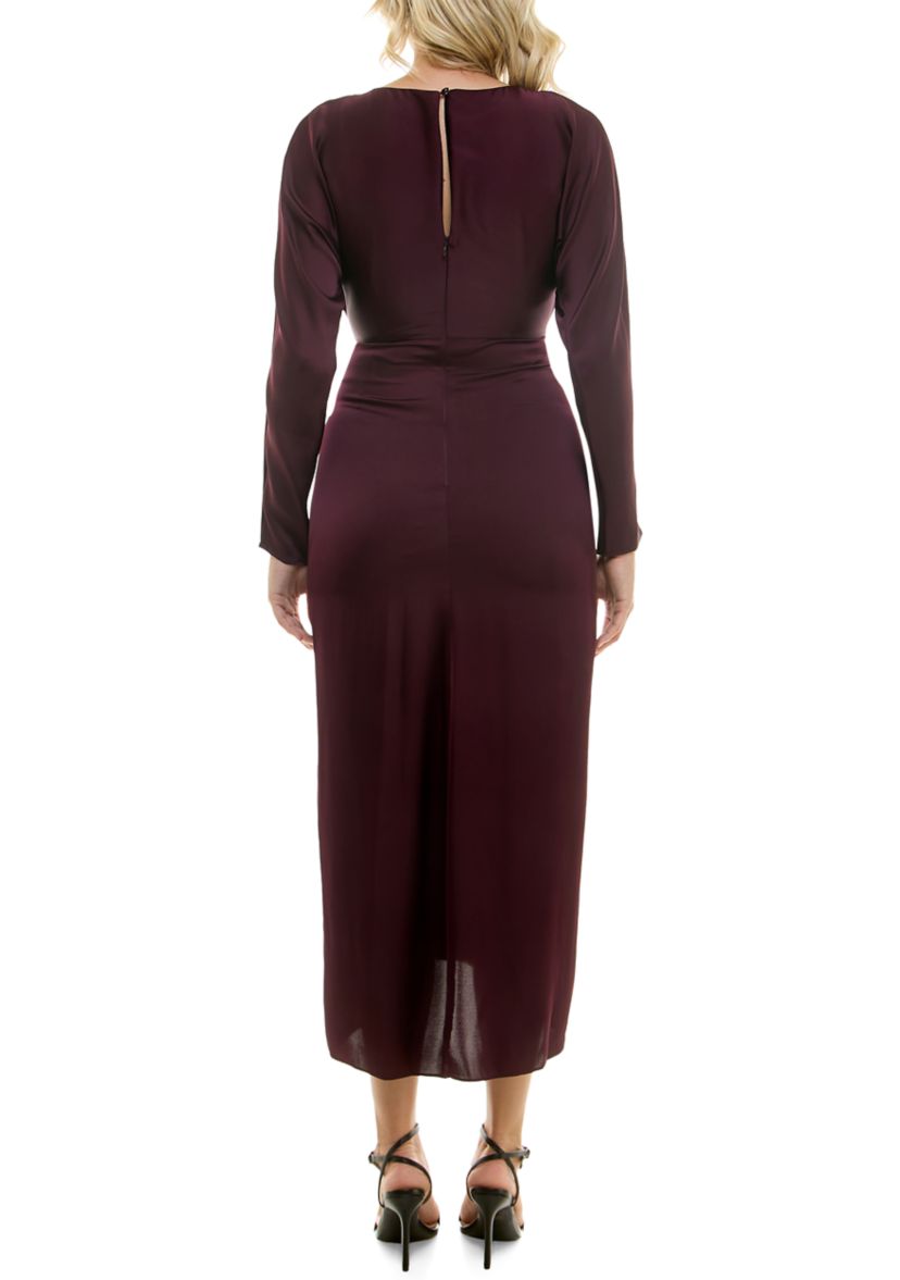 Womens Long Sleeve Crew Neck Solid Ruche Satin Midi Dress