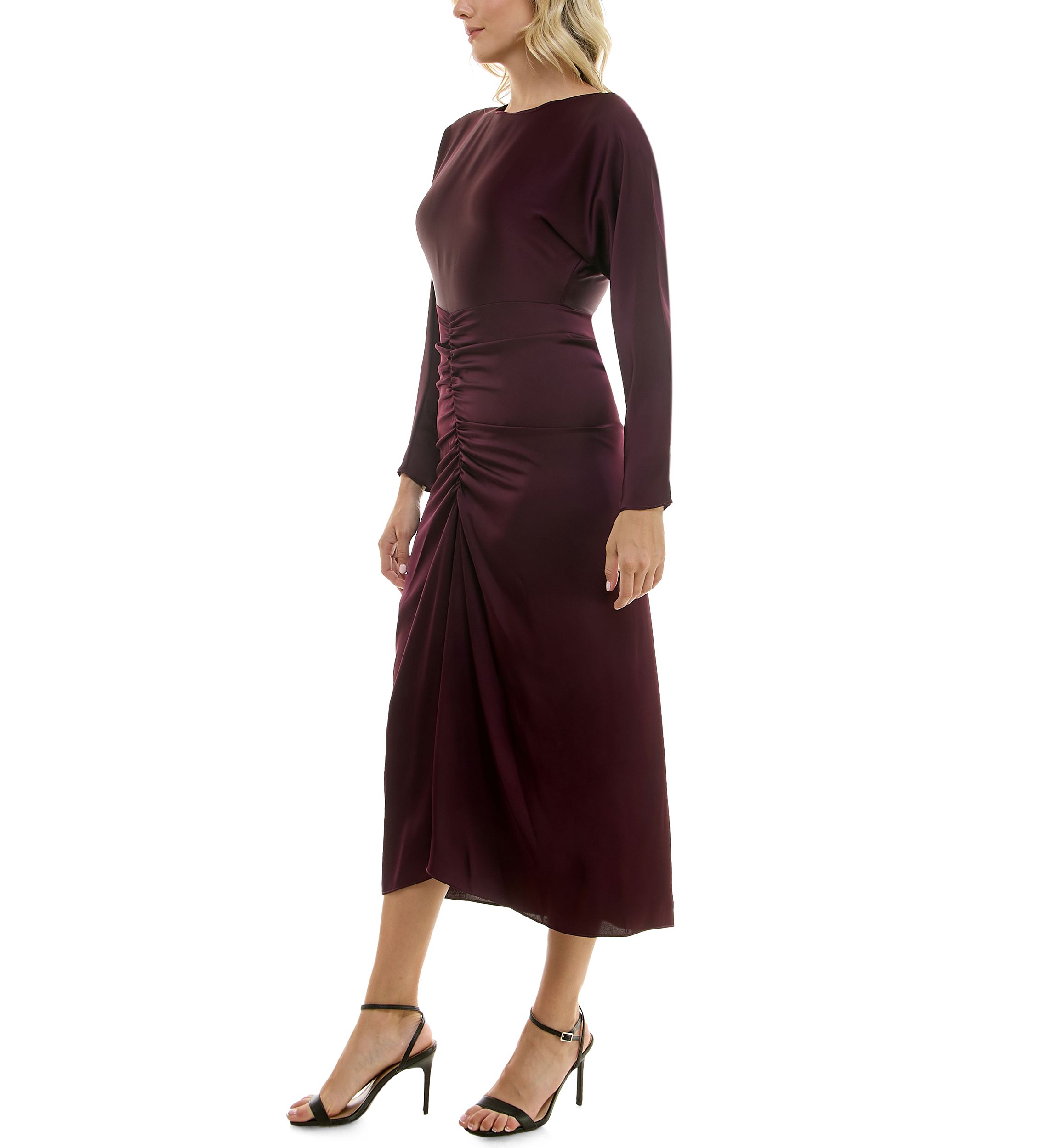 Womens Long Sleeve Crew Neck Solid Ruche Satin Midi Dress