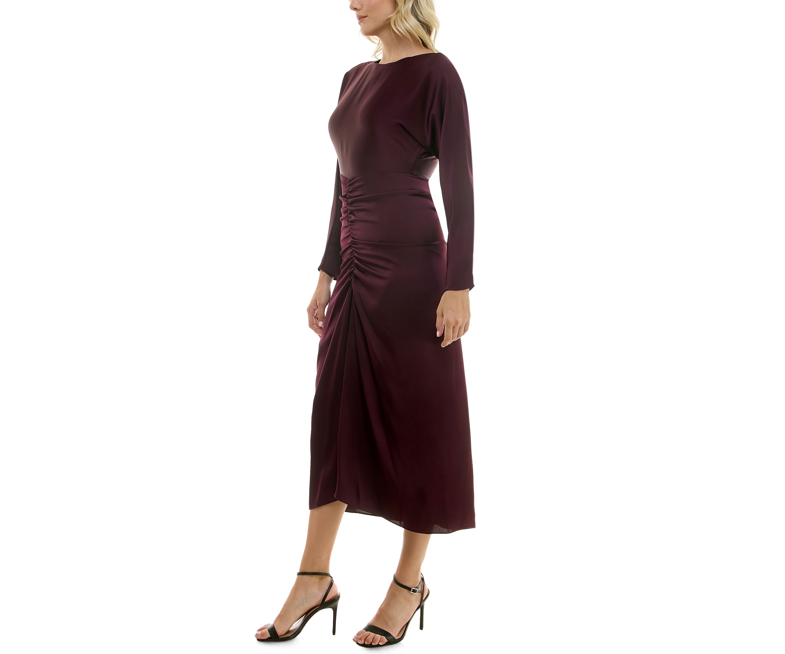 Womens Long Sleeve Crew Neck Solid Ruche Satin Midi Dress