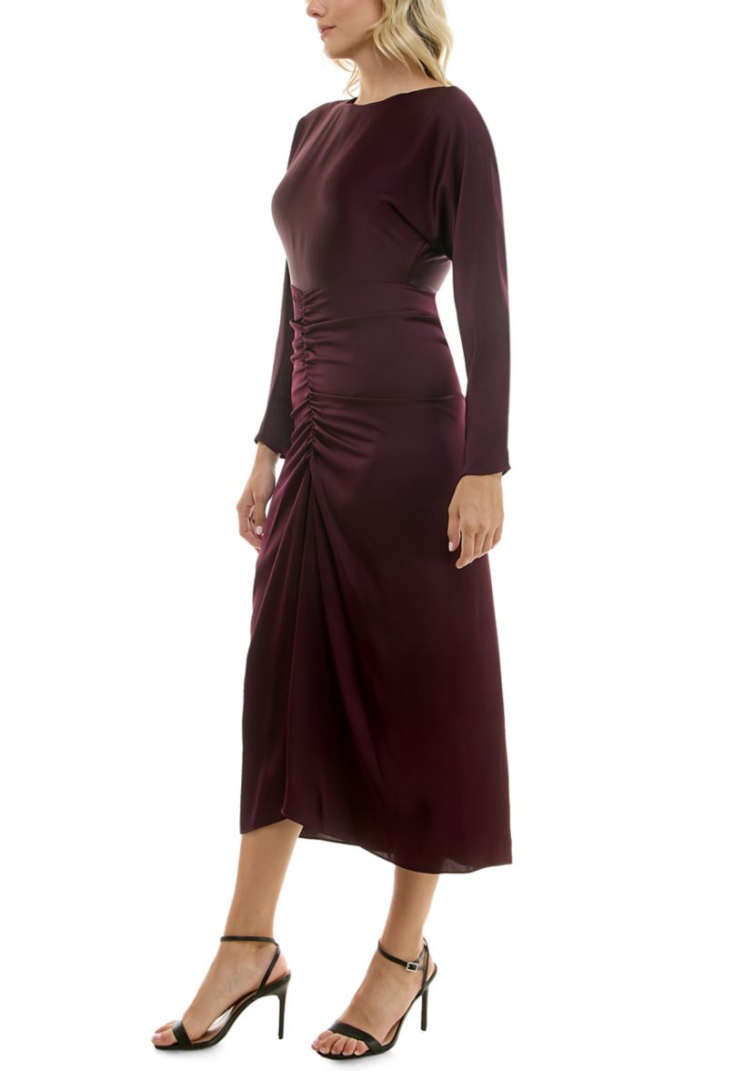 Womens Long Sleeve Crew Neck Solid Ruche Satin Midi Dress
