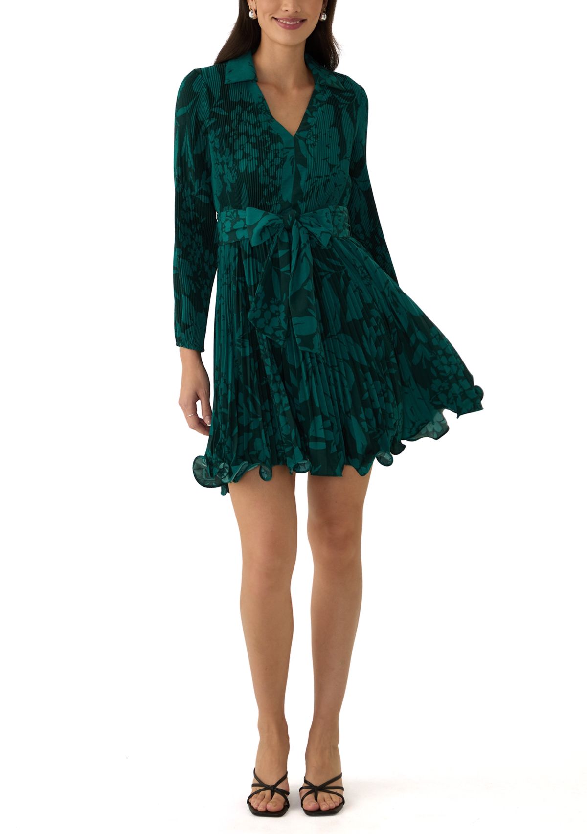 Womens Collared Printed Belted Dress