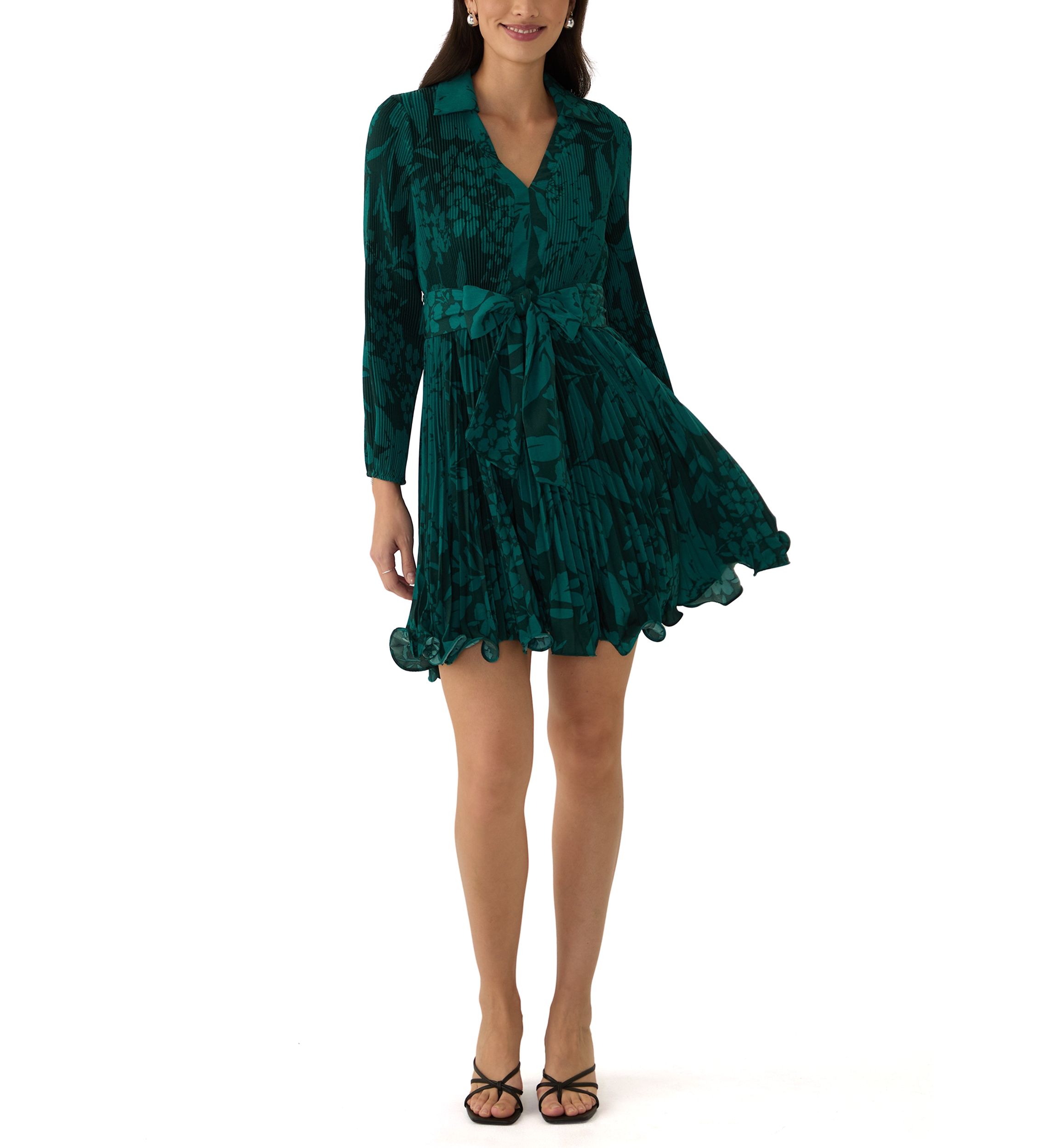 Womens Collared Printed Belted Dress