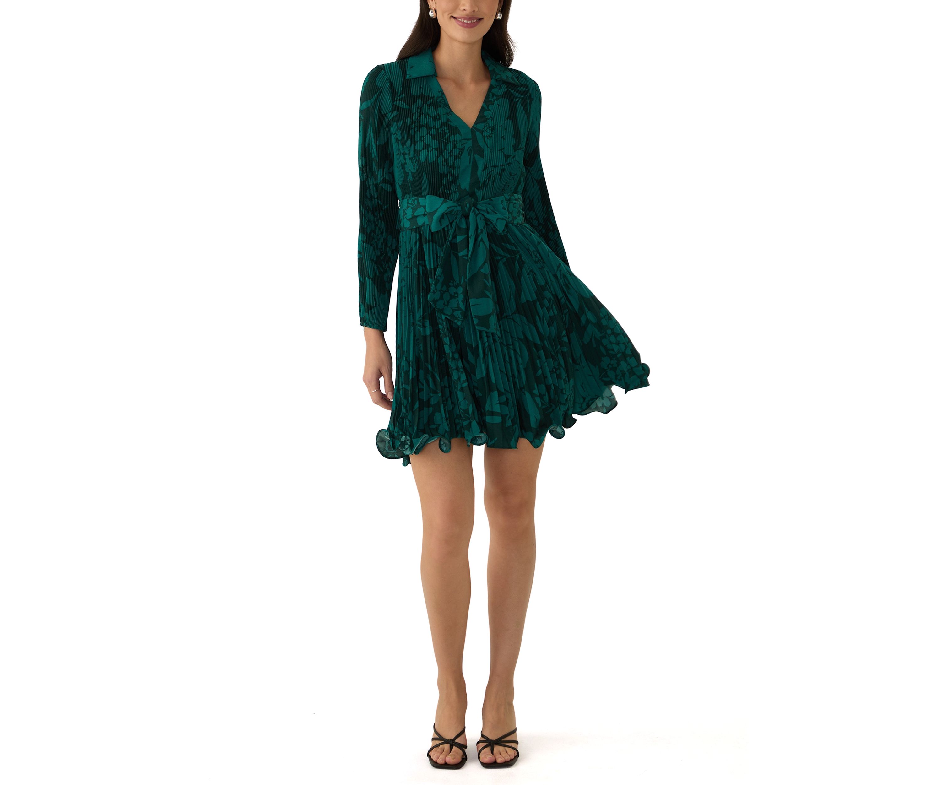 Womens Collared Printed Belted Dress