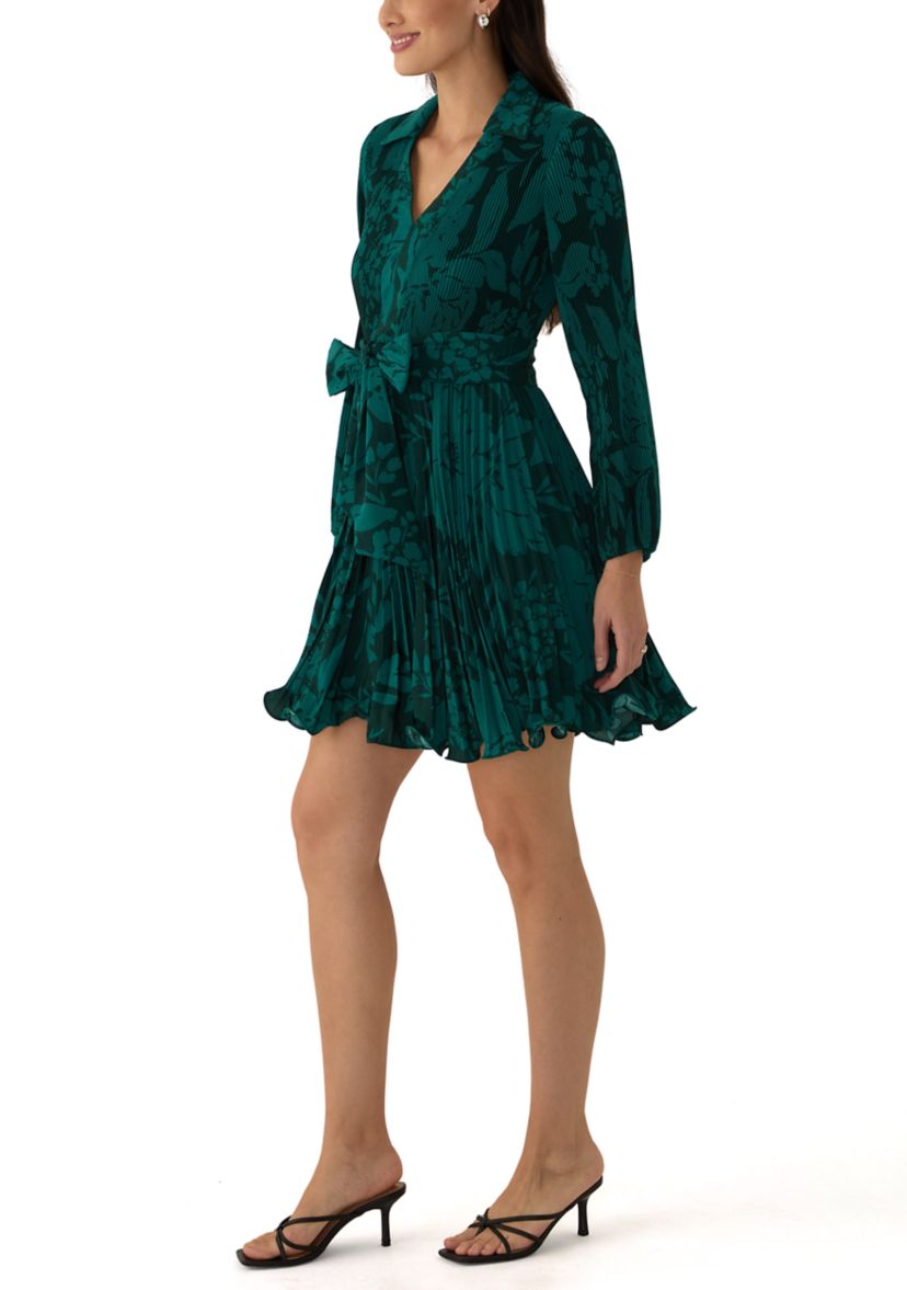 Womens Collared Printed Belted Dress