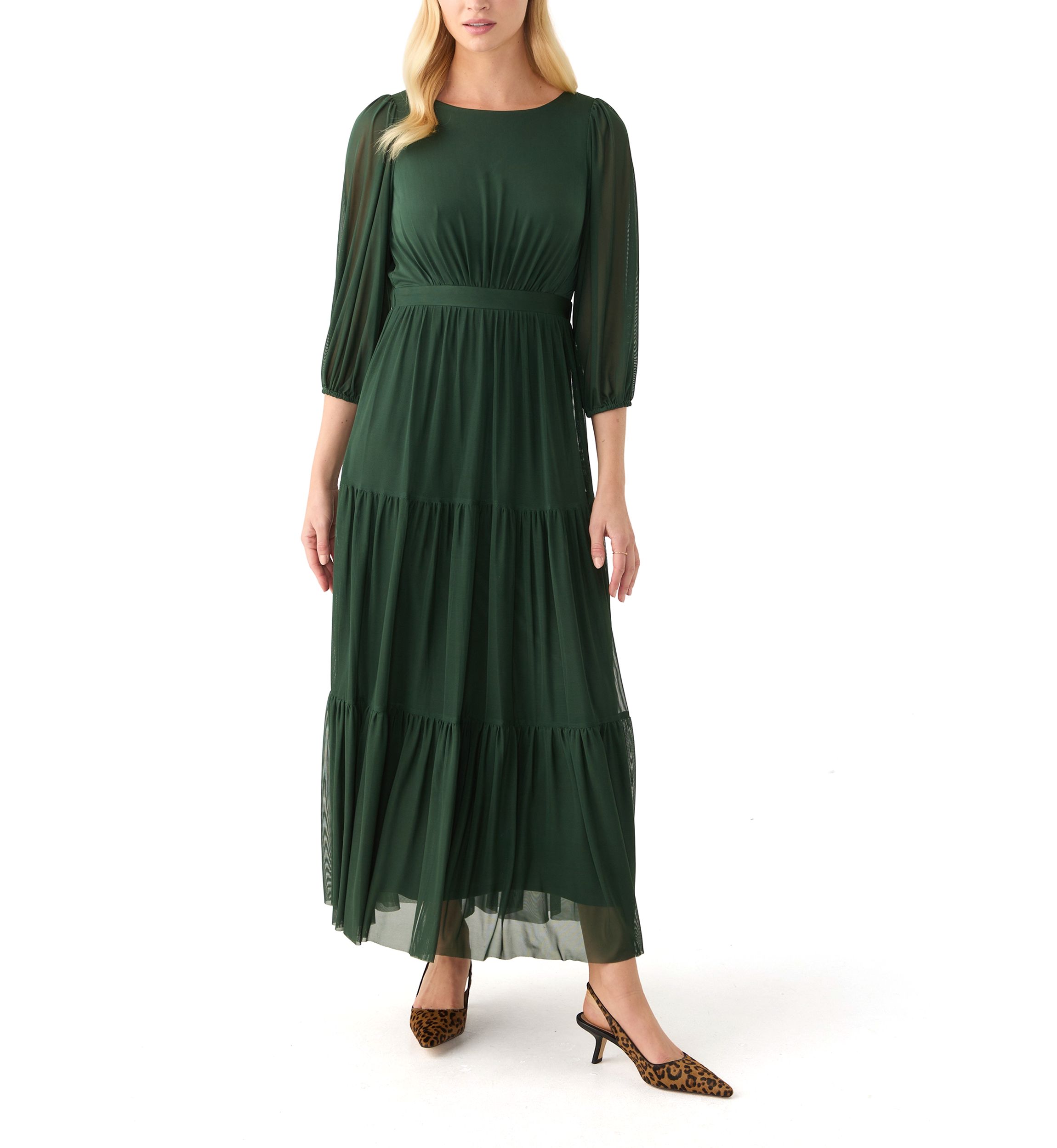 Womens 3/4 Sleeve Belted Tiered Bottom Midi Fit and Flare Dress