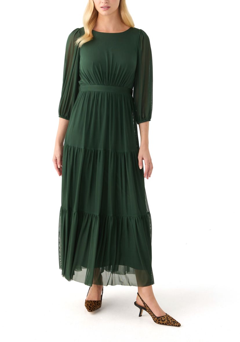 Womens 3/4 Sleeve Belted Tiered Bottom Midi Fit and Flare Dress