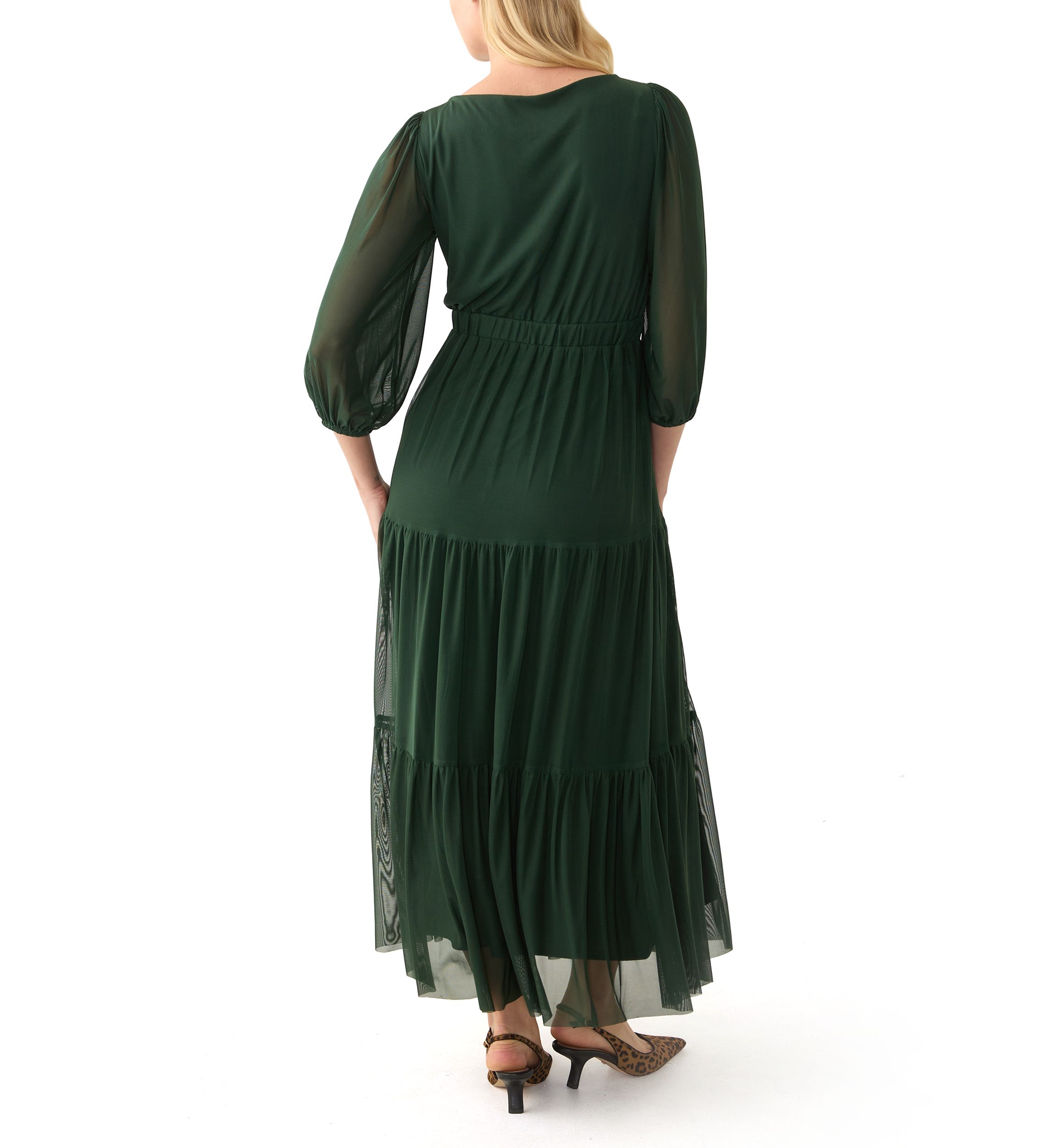 Womens 3/4 Sleeve Belted Tiered Bottom Midi Fit and Flare Dress