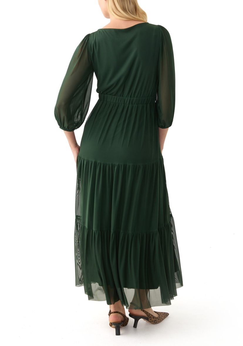 Womens 3/4 Sleeve Belted Tiered Bottom Midi Fit and Flare Dress