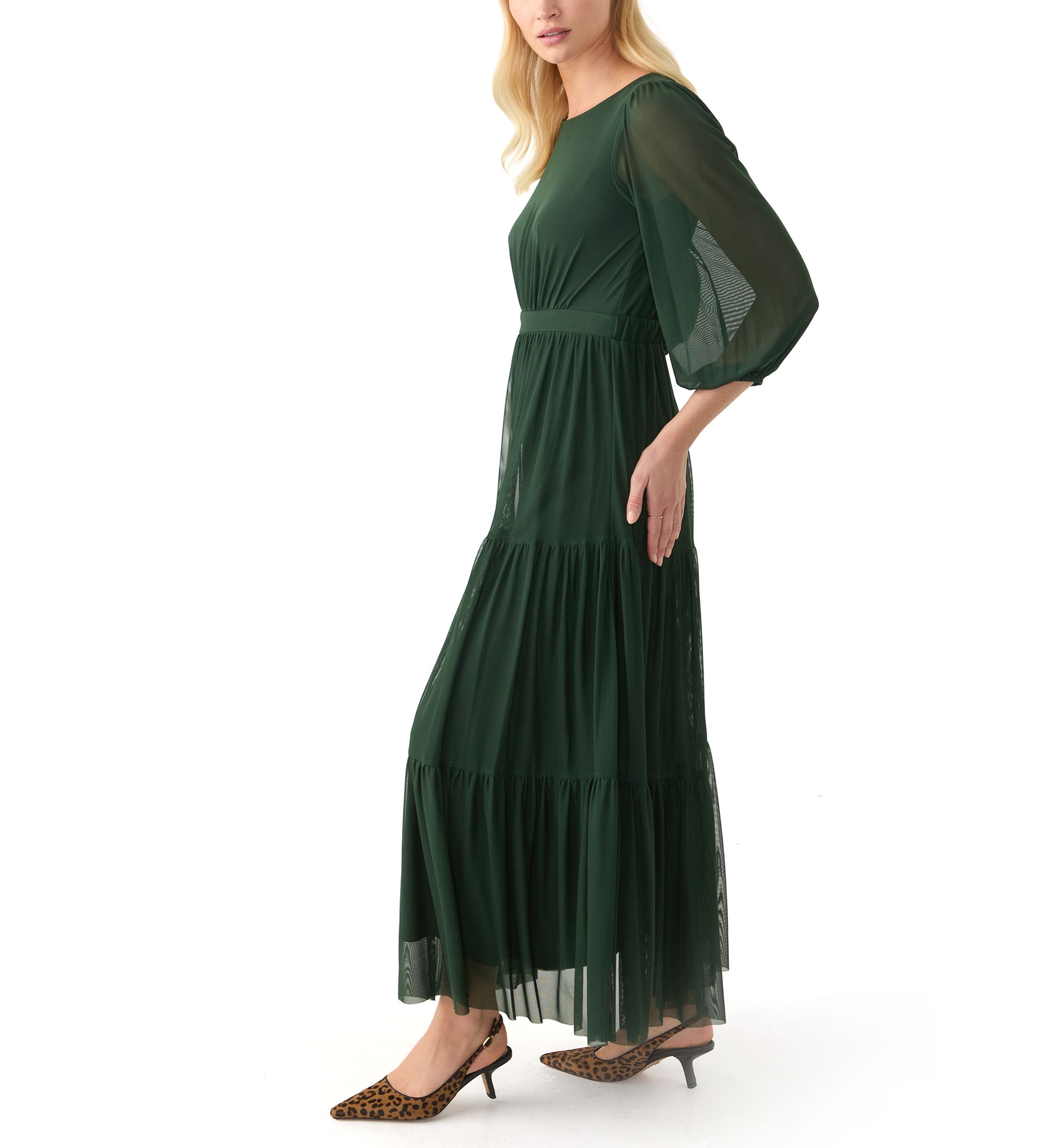 Womens 3/4 Sleeve Belted Tiered Bottom Midi Fit and Flare Dress