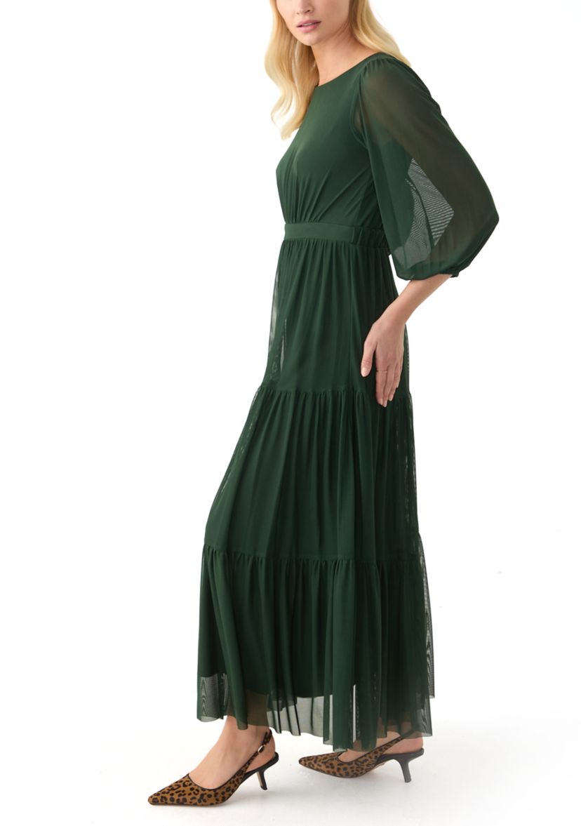 Womens 3/4 Sleeve Belted Tiered Bottom Midi Fit and Flare Dress