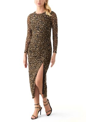 Taylor Women's Long Sleeve Mesh Crew Neck Printed Midi Sheath Dress with Side Slit, 8
