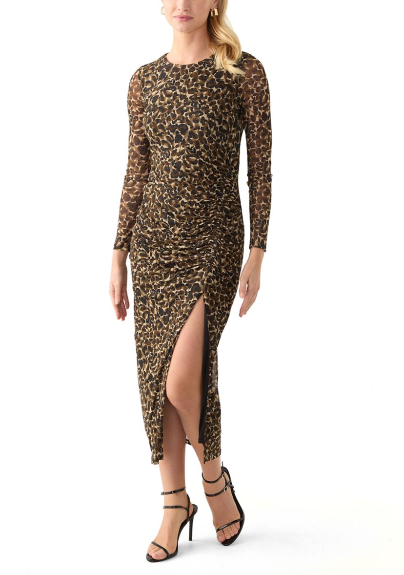Womens Long Sleeve Mesh Crew Neck Printed Midi Sheath Dress with Side Slit